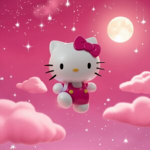 Hello Kitty floating in a pink starry night sky with twinkling stars – 3D Wallpaper."