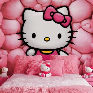 Hello Kitty’s inviting pink bedroom with fluffy bed and cute decor – 3D Wallpaper