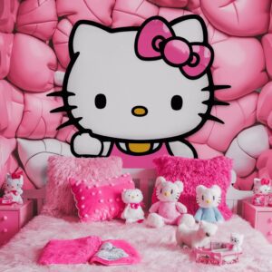 3D Hello Kitty in a warm pink-themed bedroom with adorable stuffed animals – Wallpaper."