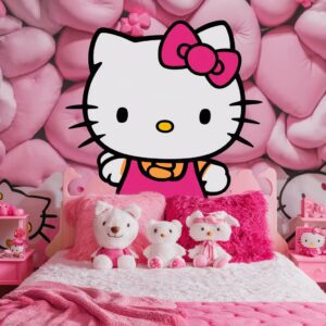 Cozy pink bedroom with Hello Kitty, plush pillows, and soft lighting – 3D Wallpaper