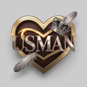 Heart-shaped "Usman" design featuring gold and silver text, adorned with a regal crown and feather, and soft silver illumination.