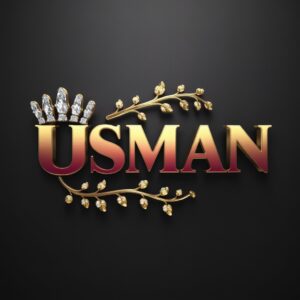 Usman Name DP with rich gold and red hues, enhanced by a swirling vine and diamond crown on a smooth black background