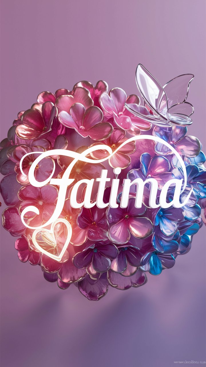 3D 'Fatima' wallpaper featuring sparkling floral designs in pinks and purples, with a glowing heart and butterfly."