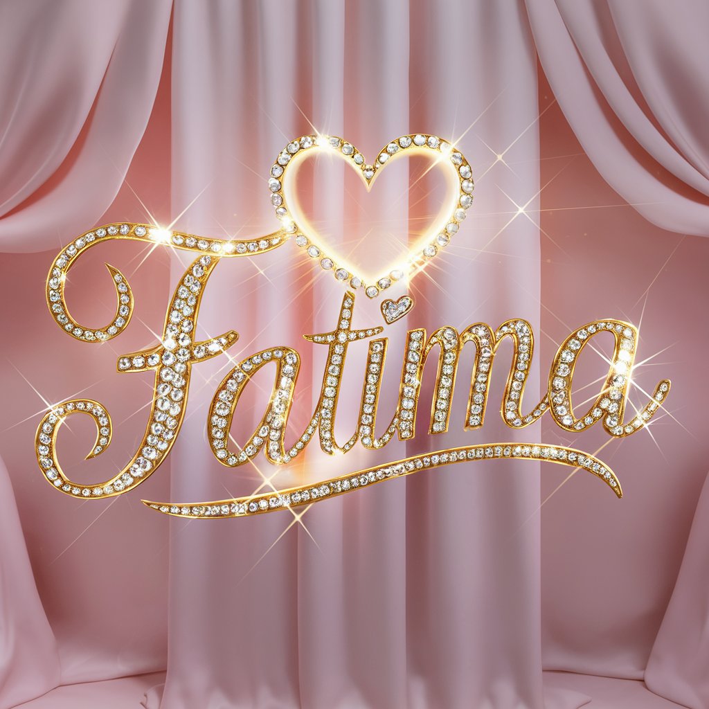 Opulent gold lettering for 'Fatima' with delicate heart motifs and a pastel pink glow, ideal for artistic designs."