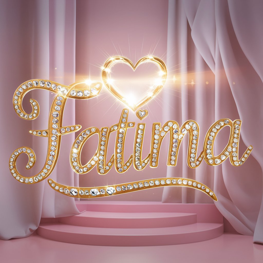 Luxurious gold 'Fatima' with heart-shaped gems and pastel pink lights, perfect for high-end branding."