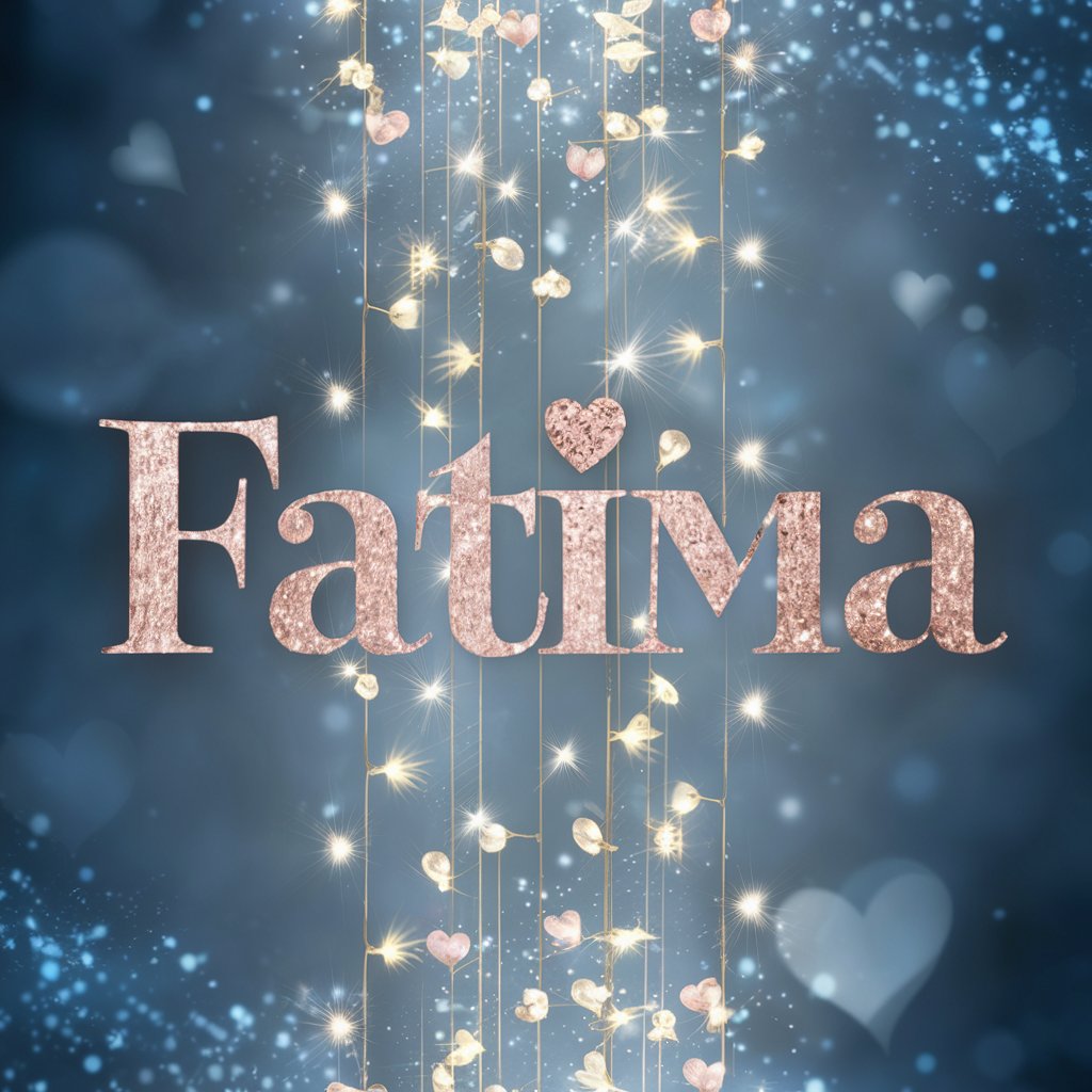 Sophisticated rose gold 'Fatima' with heart embellishments and fairy lights on a serene blue backdrop."