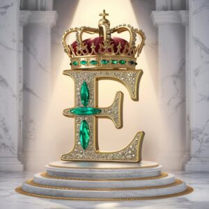 "E Name DP with a luxurious gold crown and emerald accents on a white marble background."