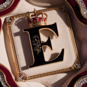 Luxurious E Name DP in ornate gold font, surrounded by velvet and diamonds for a regal feel."