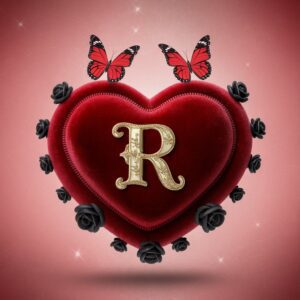 Elegant red velvet heart with gold letter 'R,' adorned with black roses and butterflies, perfect for a name DP."