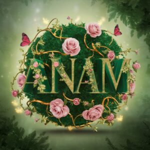 Anam" written in emerald green with gold accents, surrounded by colorful flowers and glowing fireflies.