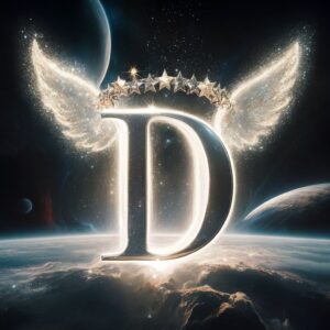 Floating letter 'D' in space with glowing aura, stardust wings, and a crown of twinkling stars."