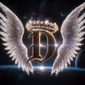 Letter 'D' illuminated with white aura, adorned with stardust wings and a celestial crown."