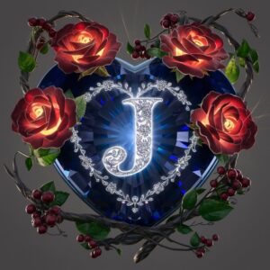 "Romantic name DP featuring 'J' in a shimmering sapphire heart, with vibrant roses and glowing leaves."