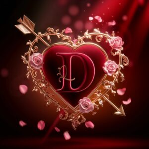 Luxurious 3D heart featuring a velvet-red 'D', pierced by a golden arrow, surrounded by glowing lights