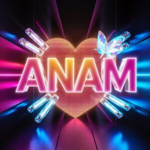 Bold and bright "Anam Name DP" in neon pink and electric blue, glowing against a sleek black background.