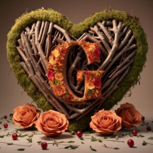 Rustic heart of twigs, letter 'G' centerpiece, surrounded by fall elements like roses and berries."