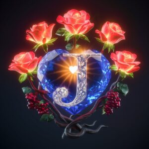 A cinematic name DP featuring a glowing sapphire heart and elegant silver accents surrounding 'J'."