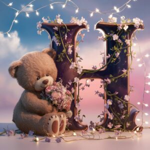 Whimsical design featuring a teddy bear and floral-themed letter 'H' with soft pastel hues"