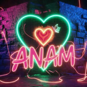 Neon graffiti-style 'Anam' name DP with bright hearts on a lit-up brick wall, perfect for an edgy name display