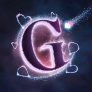 Cosmic-themed 'G' with shimmering heart-shaped constellations and a heart-shaped comet."