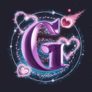 "The letter 'G' in metallic purple, floating in a galaxy with heart-shaped constellations."