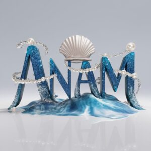 Elegant 3D text 'Anam' with shimmering water droplets, inspired by ocean waves.