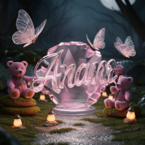 Teddy bears hold lanterns near the glowing 'Anam' nameplate, surrounded by butterflies in a moonlit forest