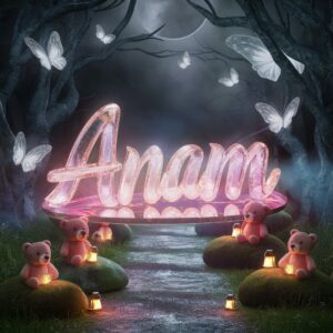 An enchanted scene with the name 'Anam' on a crystal nameplate, glowing softly in a magical forest with teddy bears."