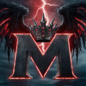 Powerful Dark Fantasy Name DP showcasing a dark "M" with glowing veins and a stormy backdrop.