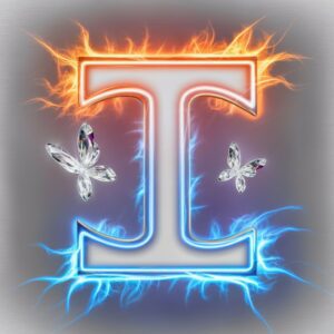 3D render of the letter "I" featuring lively neon lights and whimsical glass butterflies on a silver background.