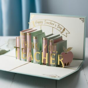 Elegant pop-up card for Teacher's Day with a minimalist design, soft colors, and gold accents.