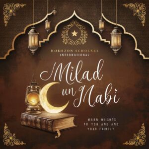 "A classic design featuring a vintage book, crescent moon, and lantern for Milad Un-Nabi."