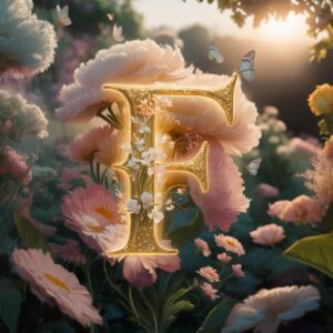 Elegant "F" surrounded by soft, radiant flowers with golden light reflecting a dreamy vibe.