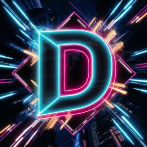 Geometric neon shapes and glowing 'D' offer a dynamic, edgy name DP."