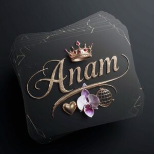 Matte black card with elegant gold "Anam," ruby crown above, and icons of a heart, orchid, and globe