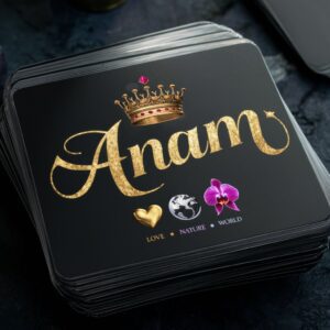 Stylish matte black card with gold "Anam" in cursive, complete with a regal ruby-crowned design.