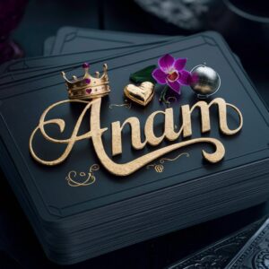 A luxurious black business card featuring "Anam" in shimmering gold, crowned with a ruby-topped emblem.