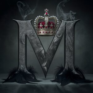 Stylized gothic letter M in matte black with silver engravings and a ruby-studded crown on a smoky grey background."