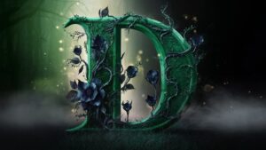 Enchanting emerald letter 'D' with vine-like patterns and mystical flowers, set against a deep forest green to black background."