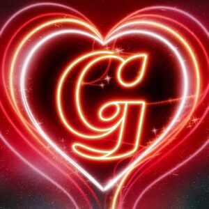 Glowing red 'G' in neon style, highlighted by heart shapes and shimmering white stars."