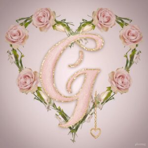 Romantic design featuring the name 'G' adorned with roses and delicate vines in a heart shape."