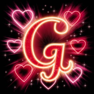 Vibrant neon red 'G' surrounded by glowing hearts and sparkles against a dark, starry backdrop."