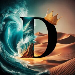 Vibrant name DP image with the letter 'D' divided between turquoise waters and golden dunes."