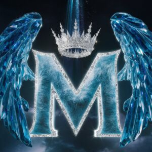 Crystal-themed Name DP with a glowing "M" surrounded by ethereal wings and a dark cosmic backdrop.