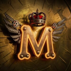 Vintage Steampunk Name DP with a gear-embellished "M" highlighted by a glowing steampunk crown.