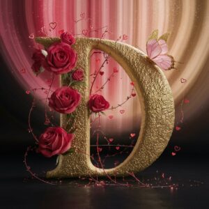 Romantic gold letter 'D' surrounded by red roses and heart accents on a glowing backdrop.