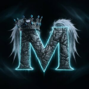 Gothic Fantasy Name DP featuring a glowing blue "M" with a stone texture and ethereal white wings.