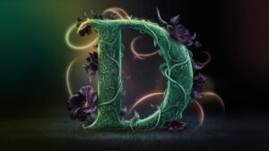 Mystical letter 'D' in emerald green with vine patterns, set in a forest-themed background with glowing orbs and swirling mist."