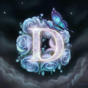 Enchanted letter 'D' glowing in iridescent colors, surrounded by roses and a magical butterfly.