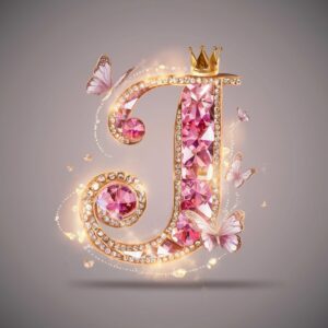 Exquisite crystal name DP showcasing 'J' in a glowing palette of pink and gold with delicate accents